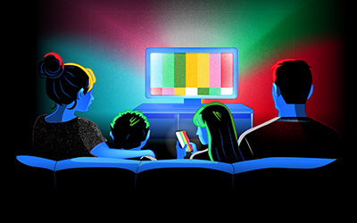 An illustration of a family sitting on a couch in front of a glowing television